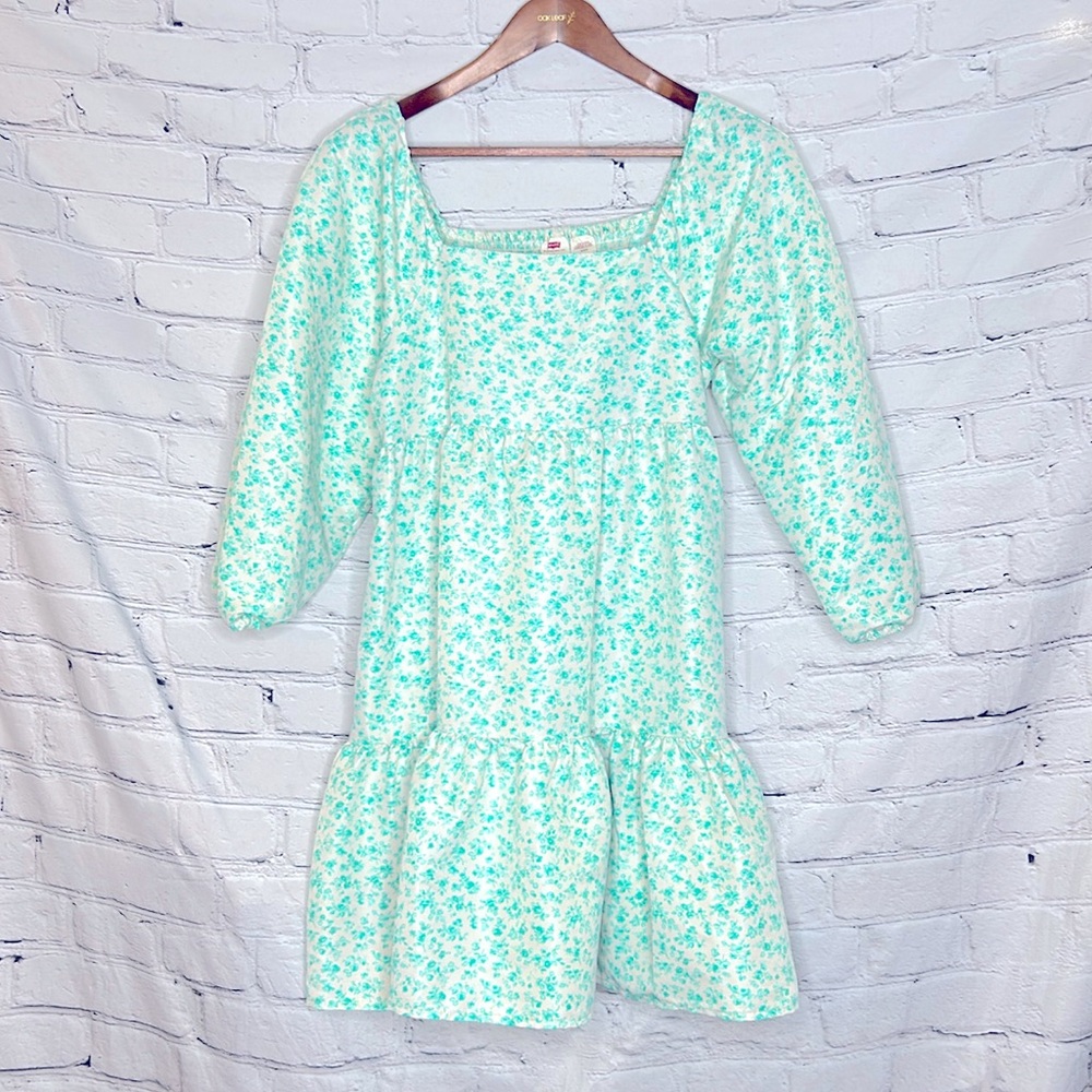 Levi’s Teal Green Floral Long Sleeve Tiered Dress Size Medium